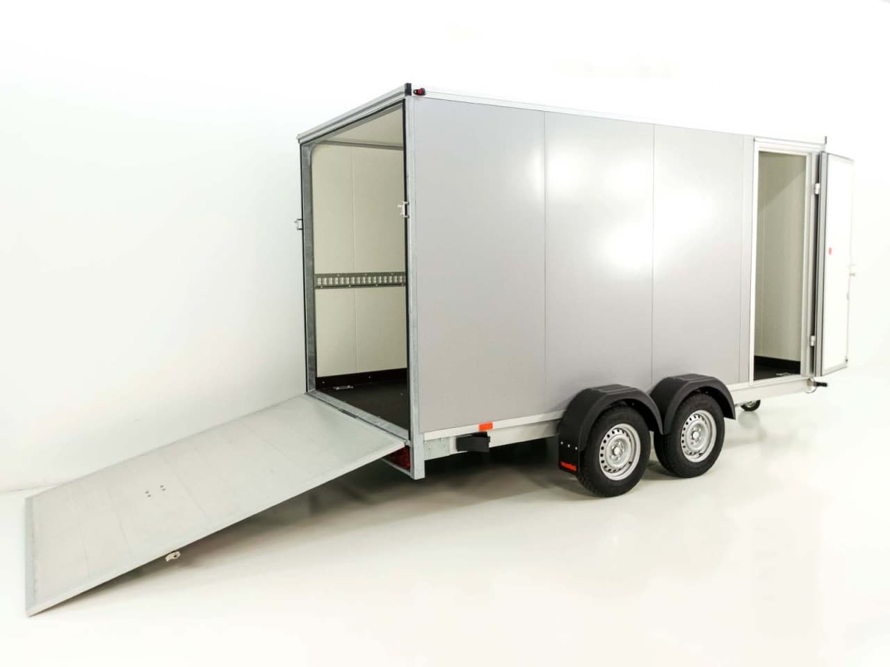 Vezeko Kofferanhänger 184x405cm Höhe:205cm 2,7t|Rampe|Tür|silber-Neu