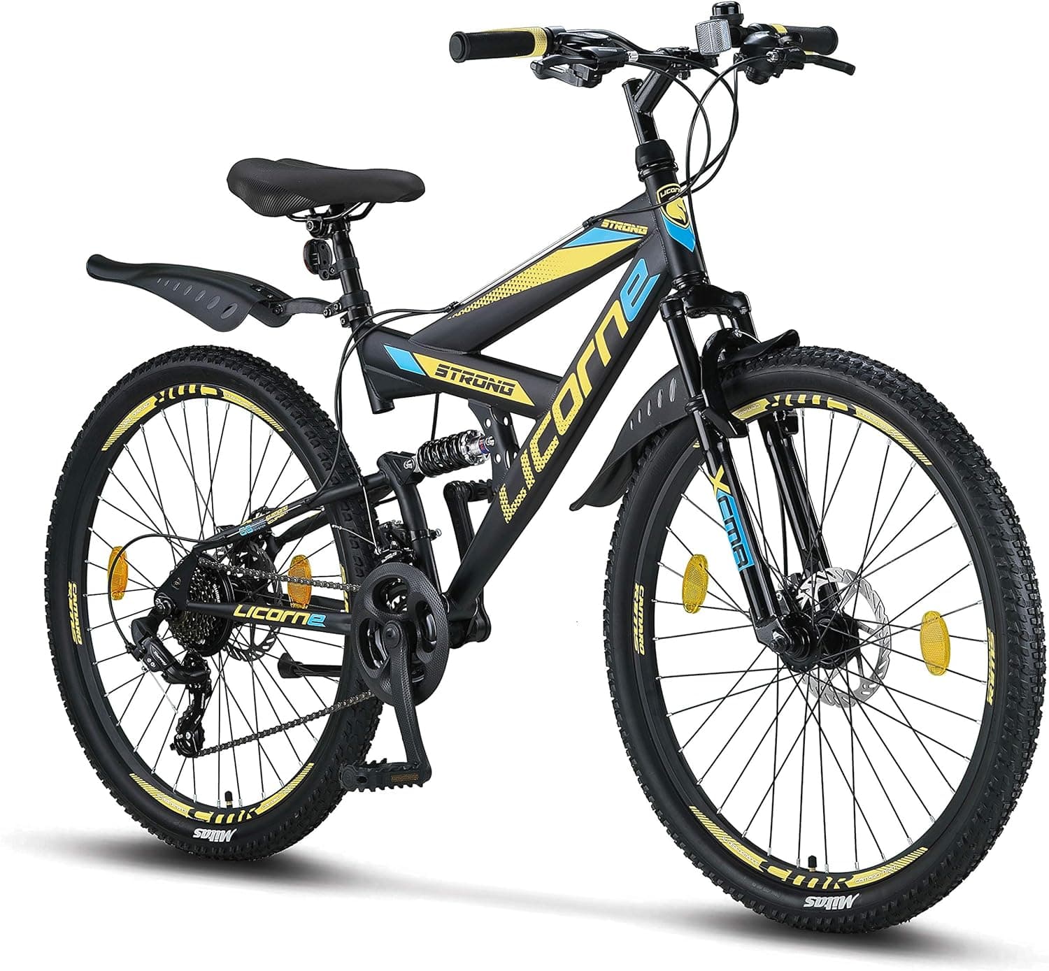 Licorne Bike Strong 2D Premium VTT 26", 27,5" et 29" - Noir/Bleu/Vert Citron  -  26 pouces