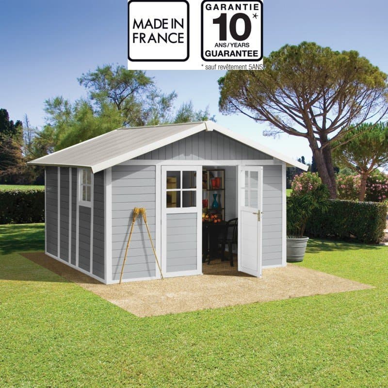 Abri de jardin en PVC 11,2m² DECO gris clair et blanc Grosfillex | Compact, Robuste & Sécurisé