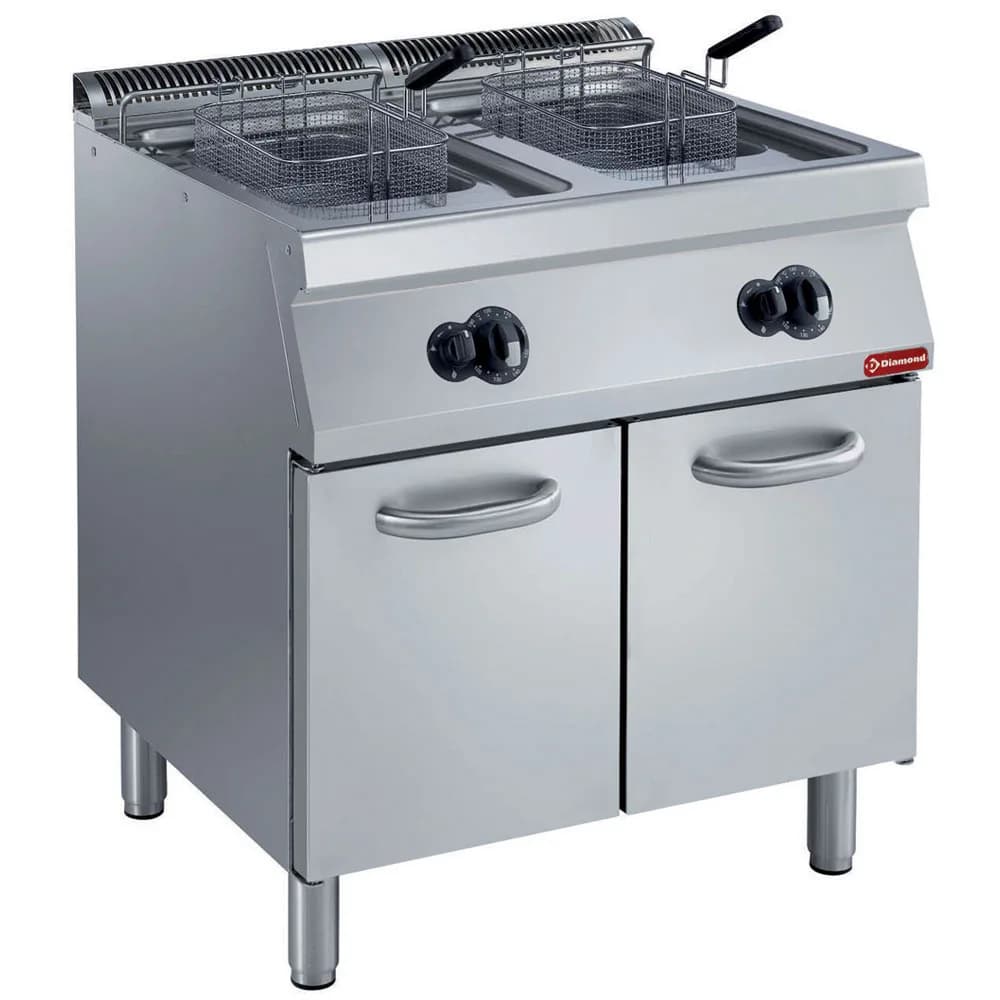 Friteuse gaz 2 cuves en “Y” 2x 15 litres, brûleurs extérieurs, sur armoire