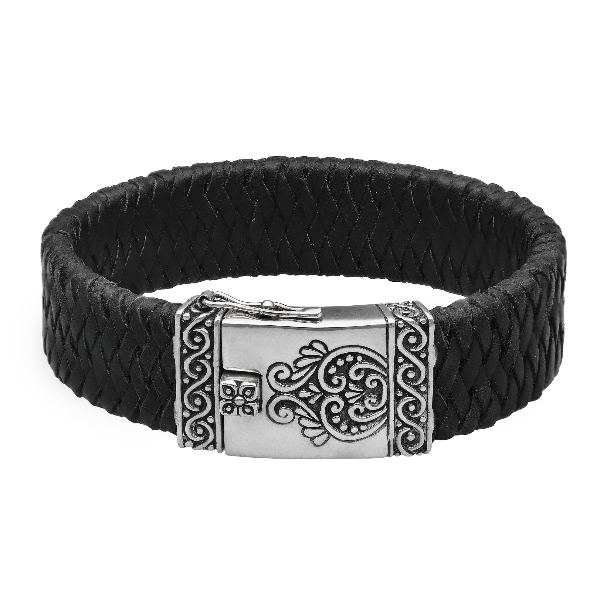 Bracelet Cuir Et Fermoir Argent Motif Ethnique Grand modèle