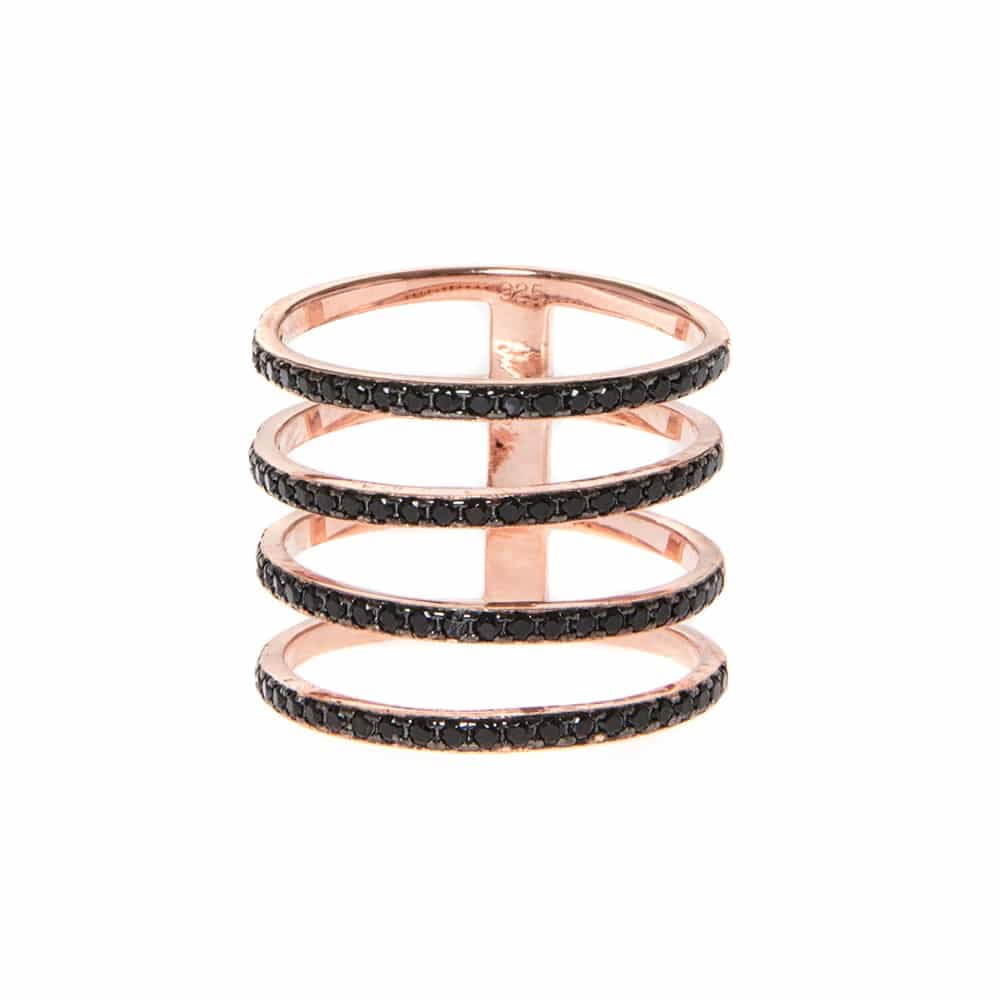 Bague argent 4 anneaux scintillant rose et noir