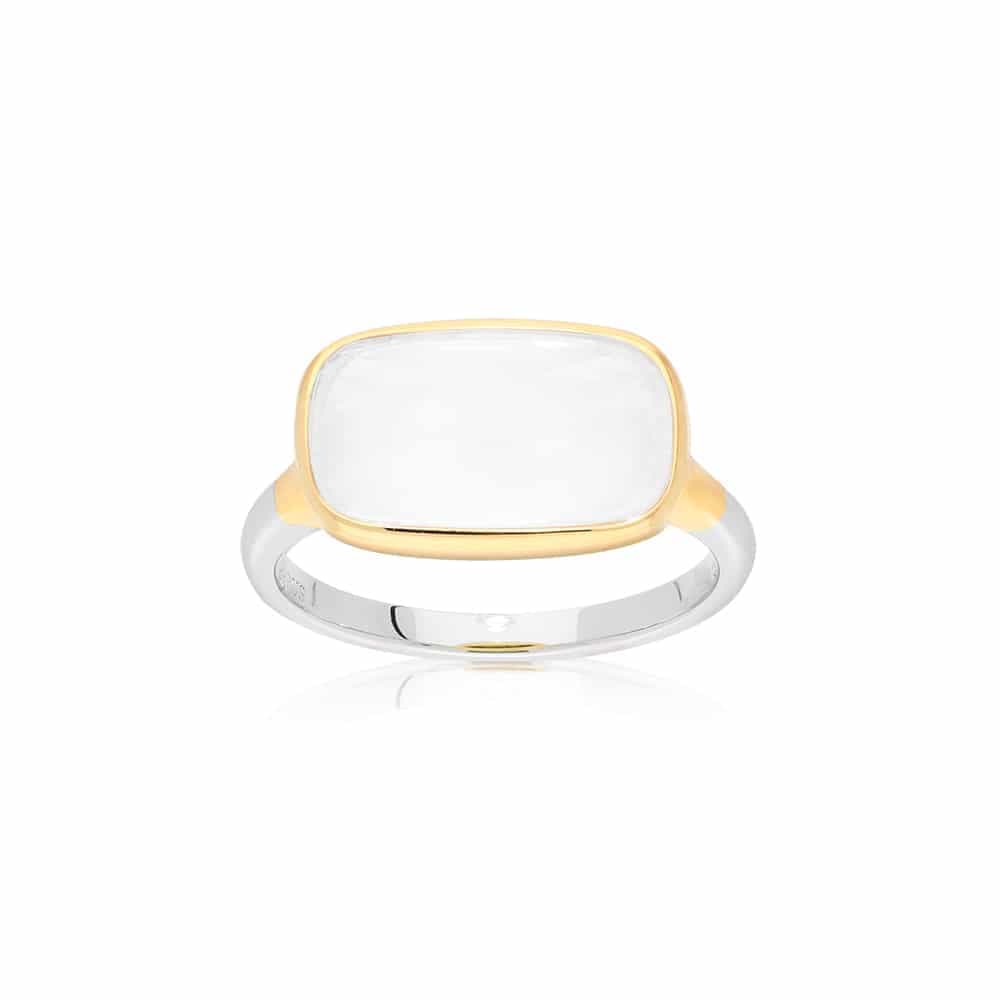 Bague argent doré petit galet blanc