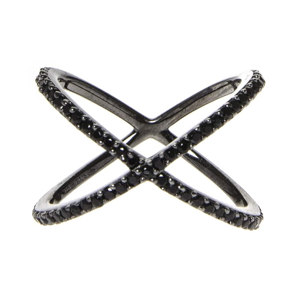 Bague argent noir croisée sertie pierres noir