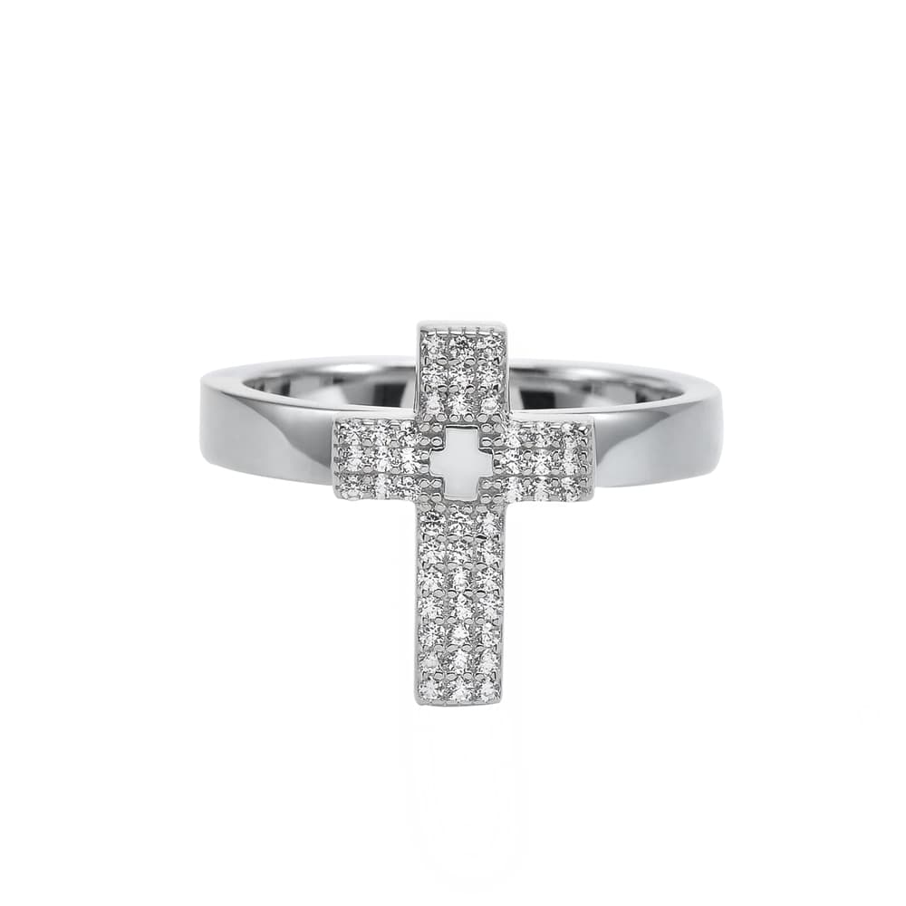 Bague argent rhodié croix sertie de zirconium