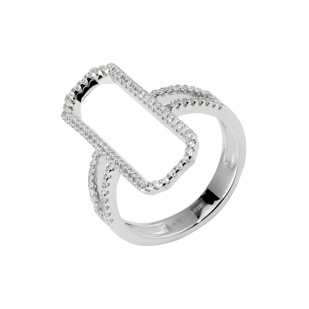 Bague argent rhodié moderne rectangle sertie