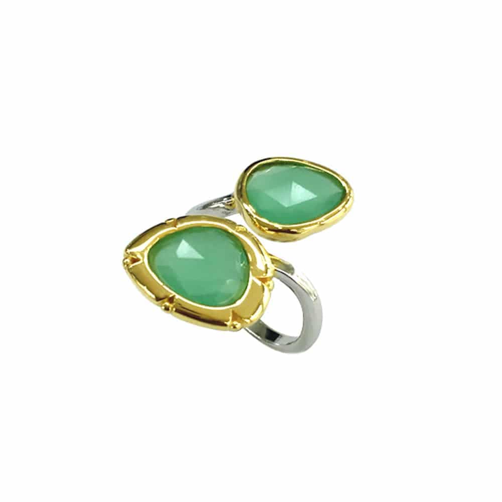 Bague argent rhodiée toi et moi ovale verte
