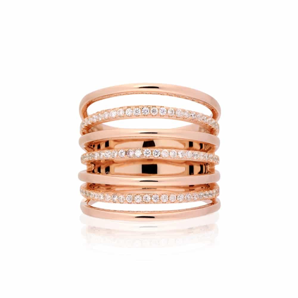 Bague argent rose sept anneaux sertis