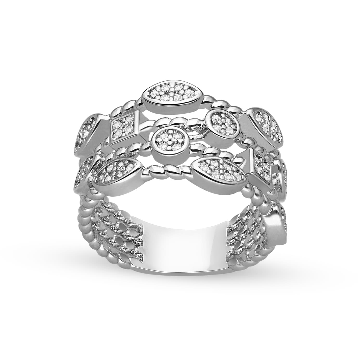 Bague argentée multi anneau motifs géométriques
