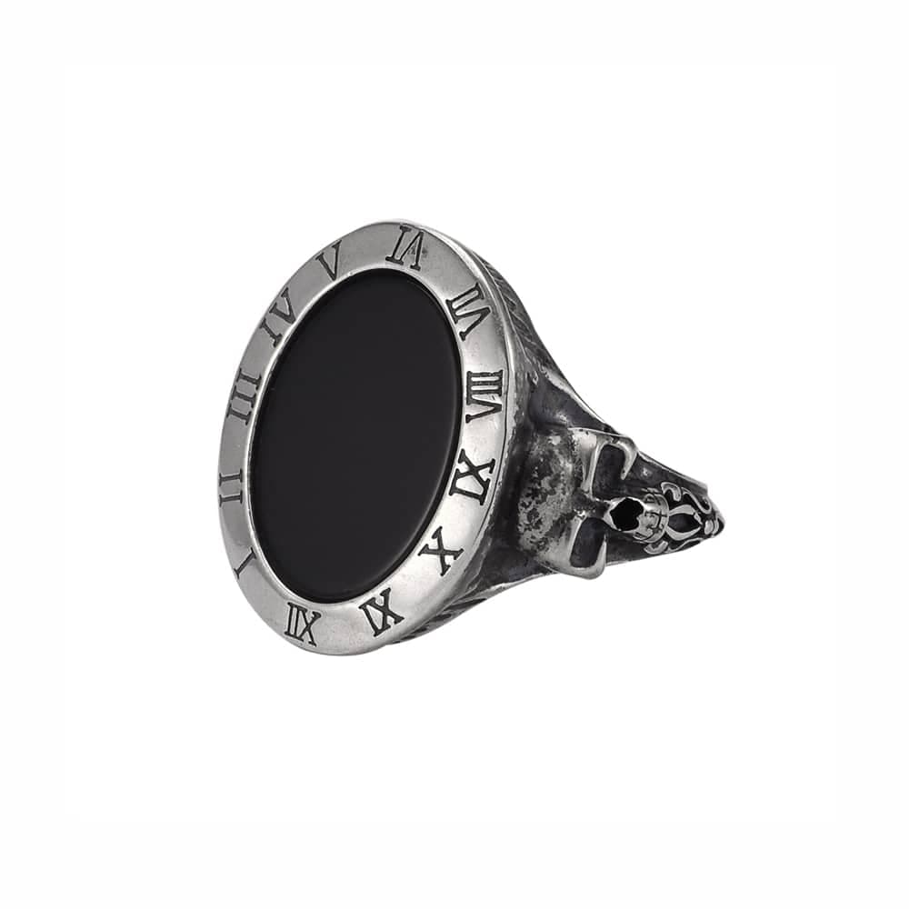 Bague homme chevalière argent pierre onyx têtes de mort memori mento