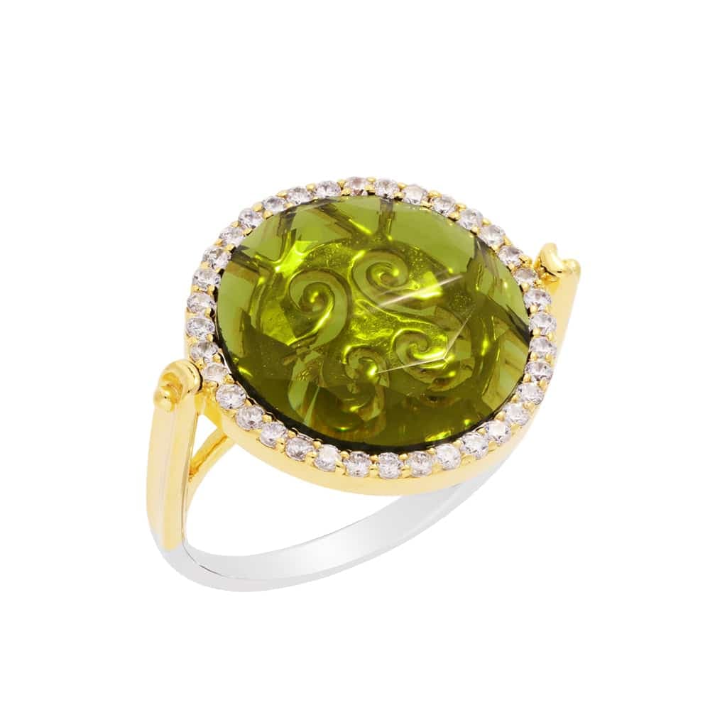 Bague disque argent doré pierre Kaki
