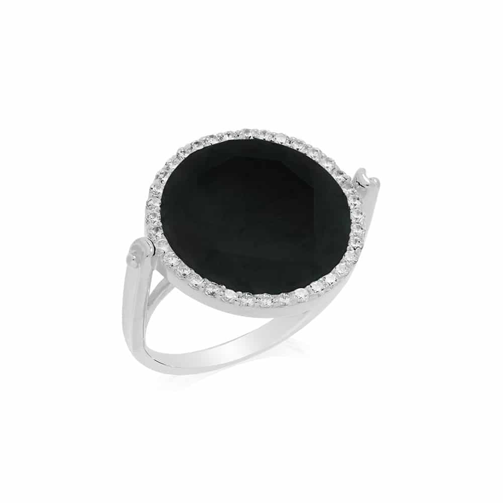 Bague disque argent pierre noir serti blanc