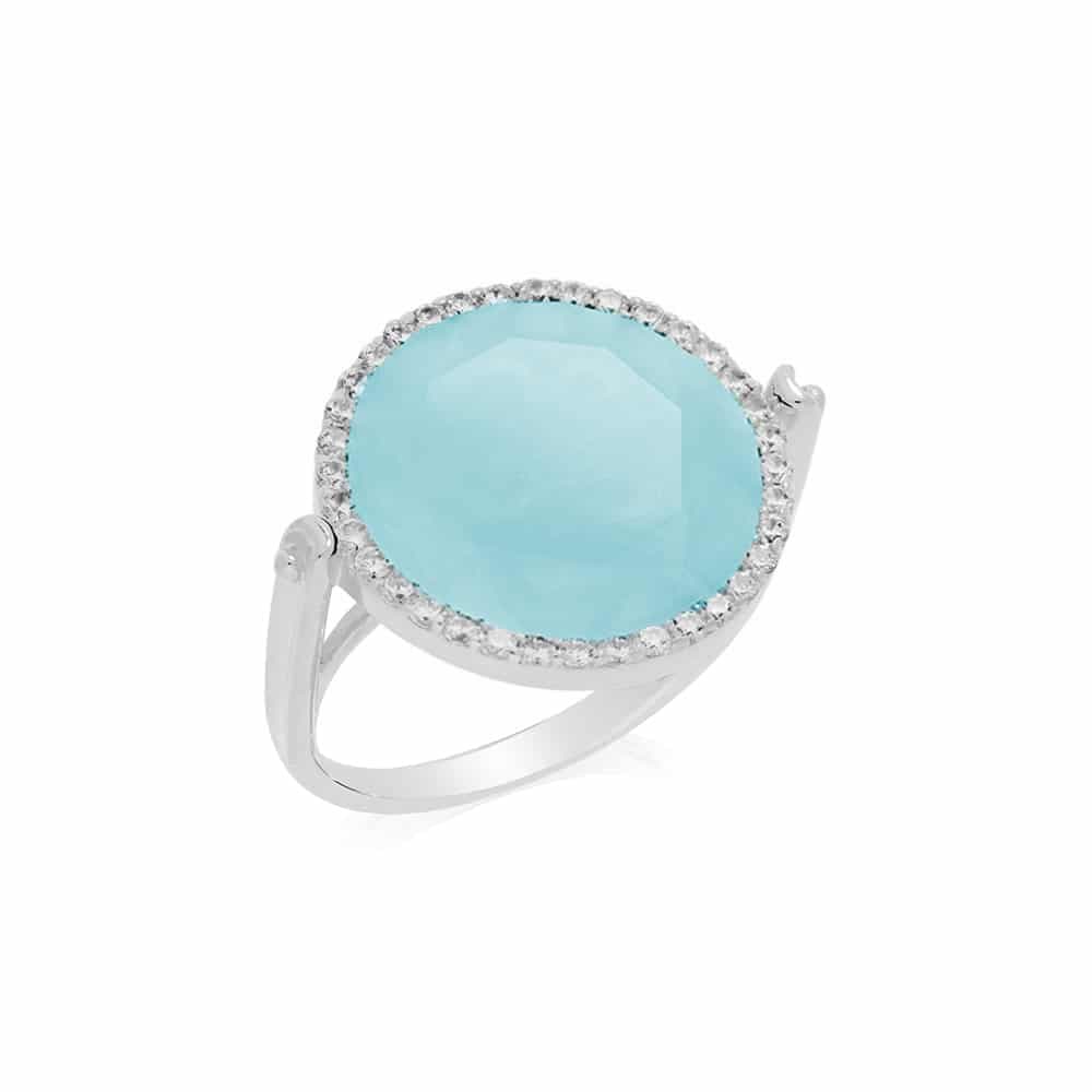 Bague disque argent pierre vert eau serti blanc