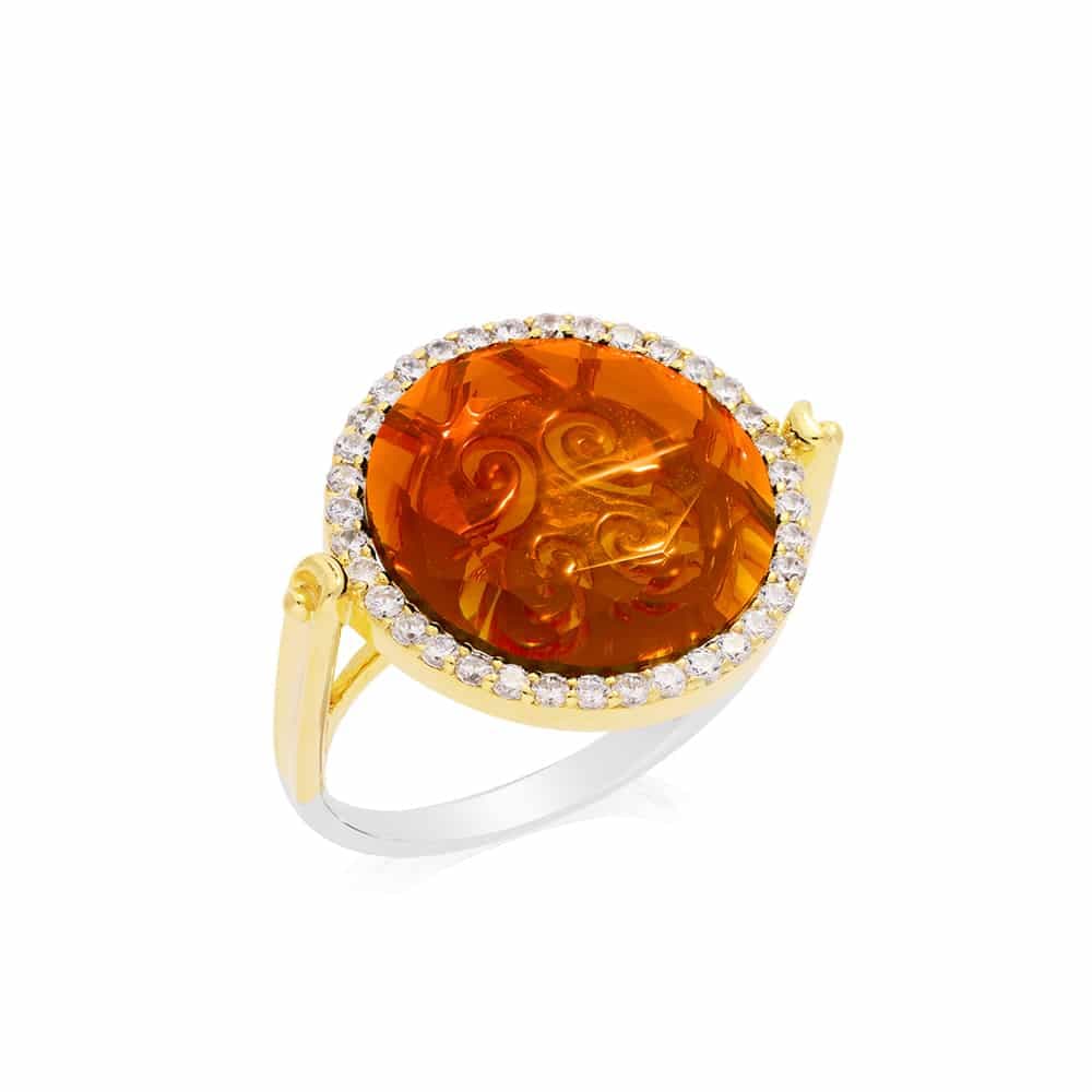 Bague disque argent or pierre orange