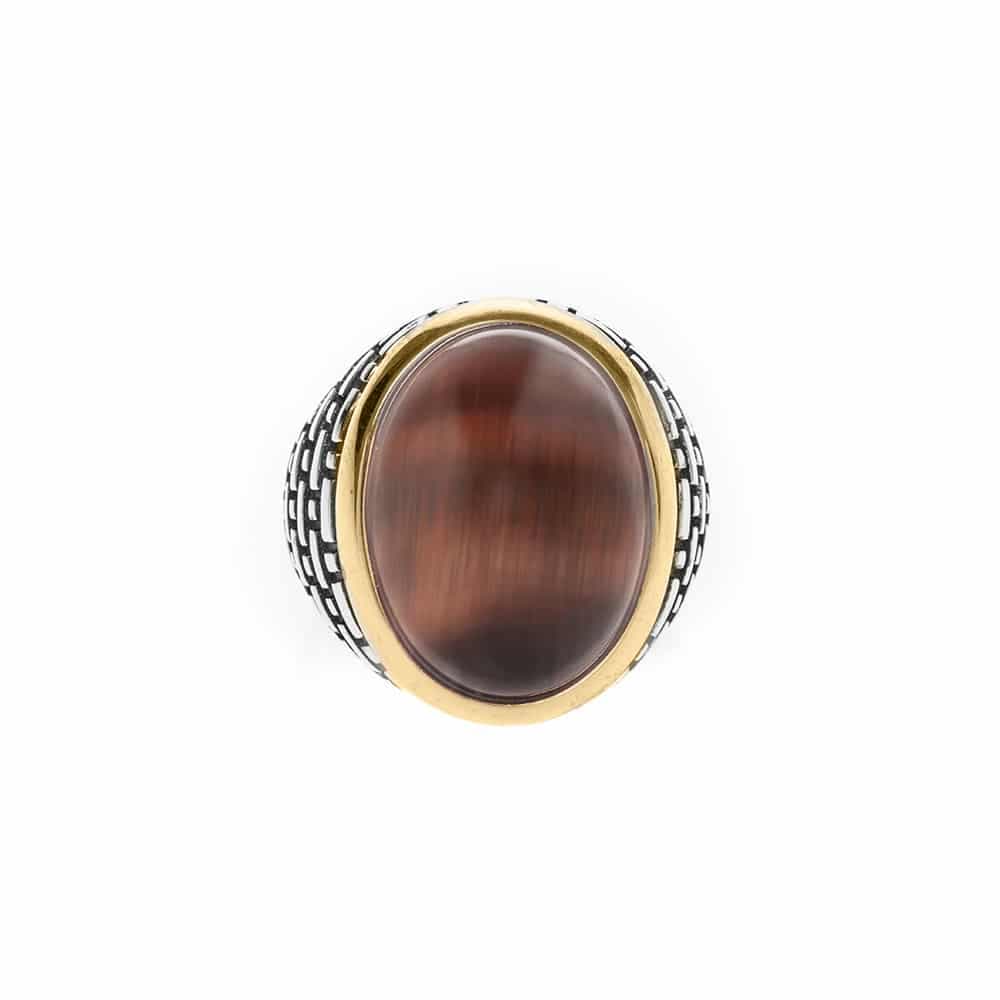 Bague homme œil argent doré pierre œil de tigre rouge