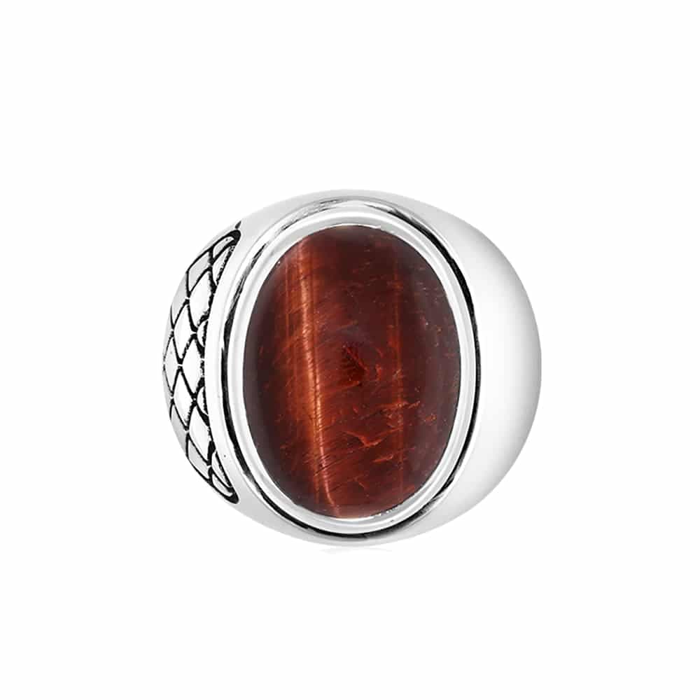 Bague homme œil de tigre rouge asymétrique argent