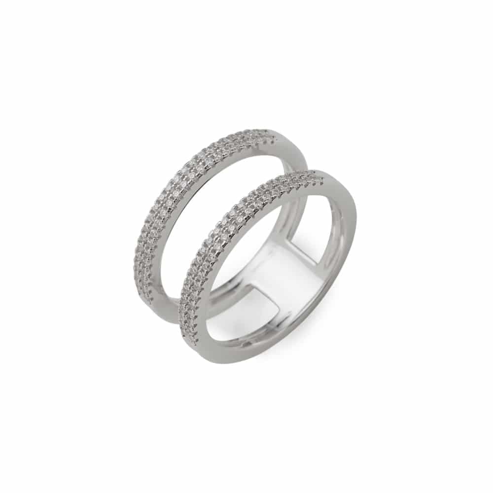 Bague rhodié double anneaux sertis