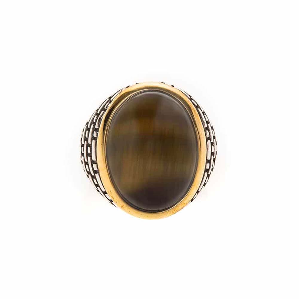Bague homme œil argent pierre œil de tigre serti doré