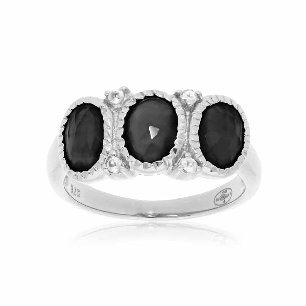 Bague trilogie argent rhodié spinelle noir