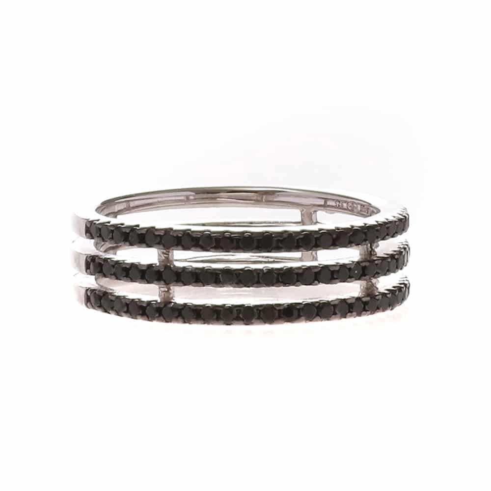 Bague rhodié triple anneaux sertis noir