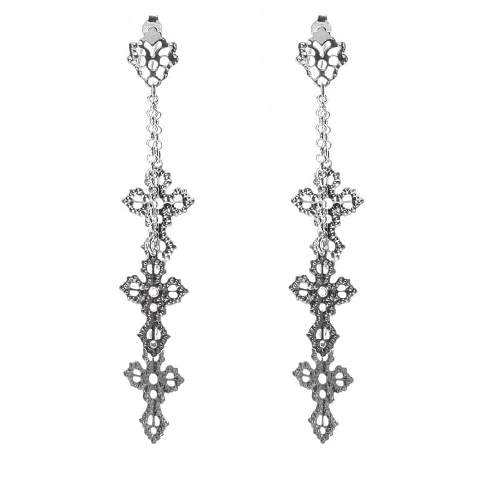 Boucles d'oreilles argent chaînette de croix rhodié