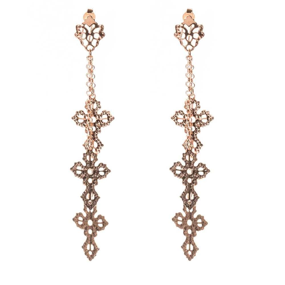 Boucles d'oreilles argent chainette de croix rose