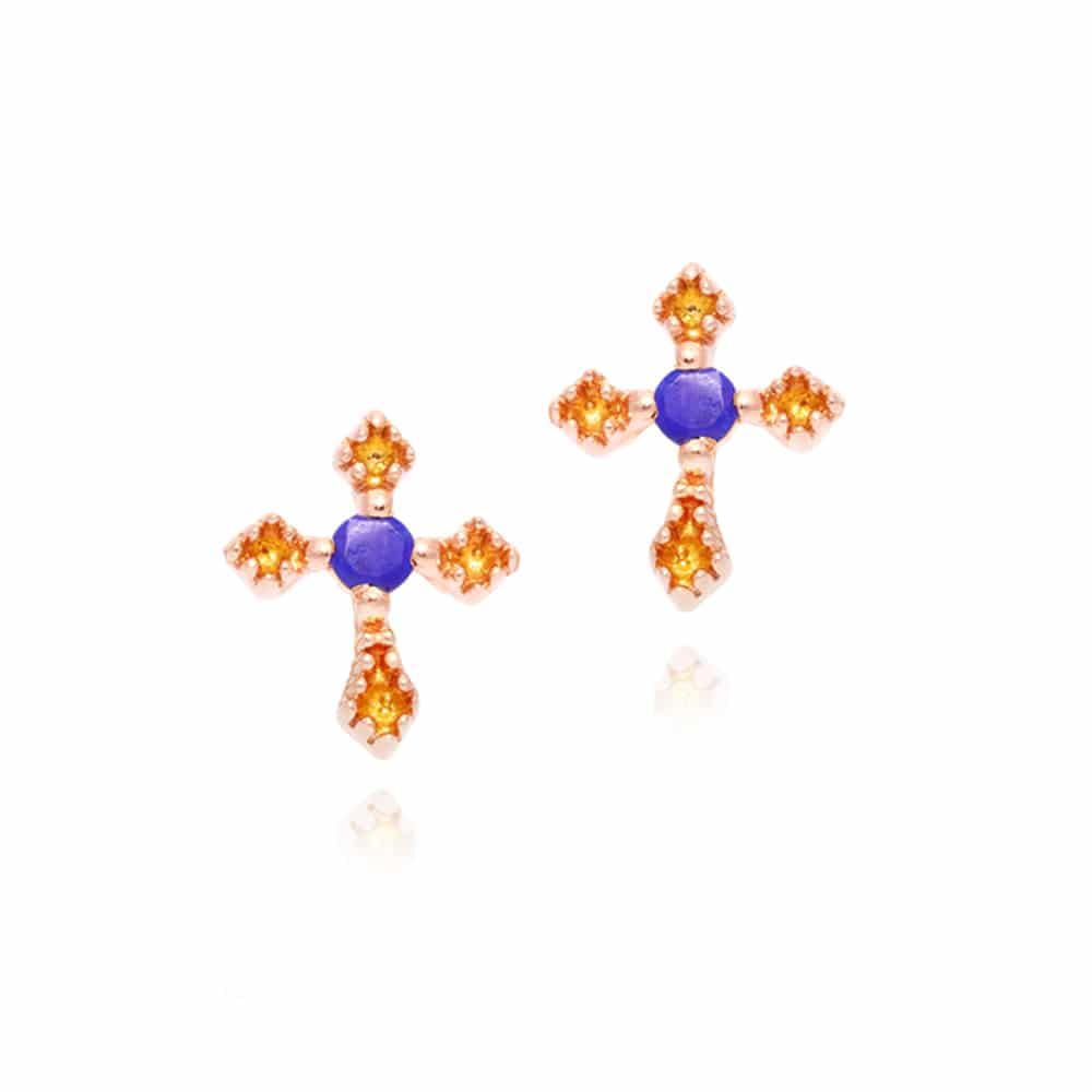 Boucles d'oreilles argent rose croix pierre marine