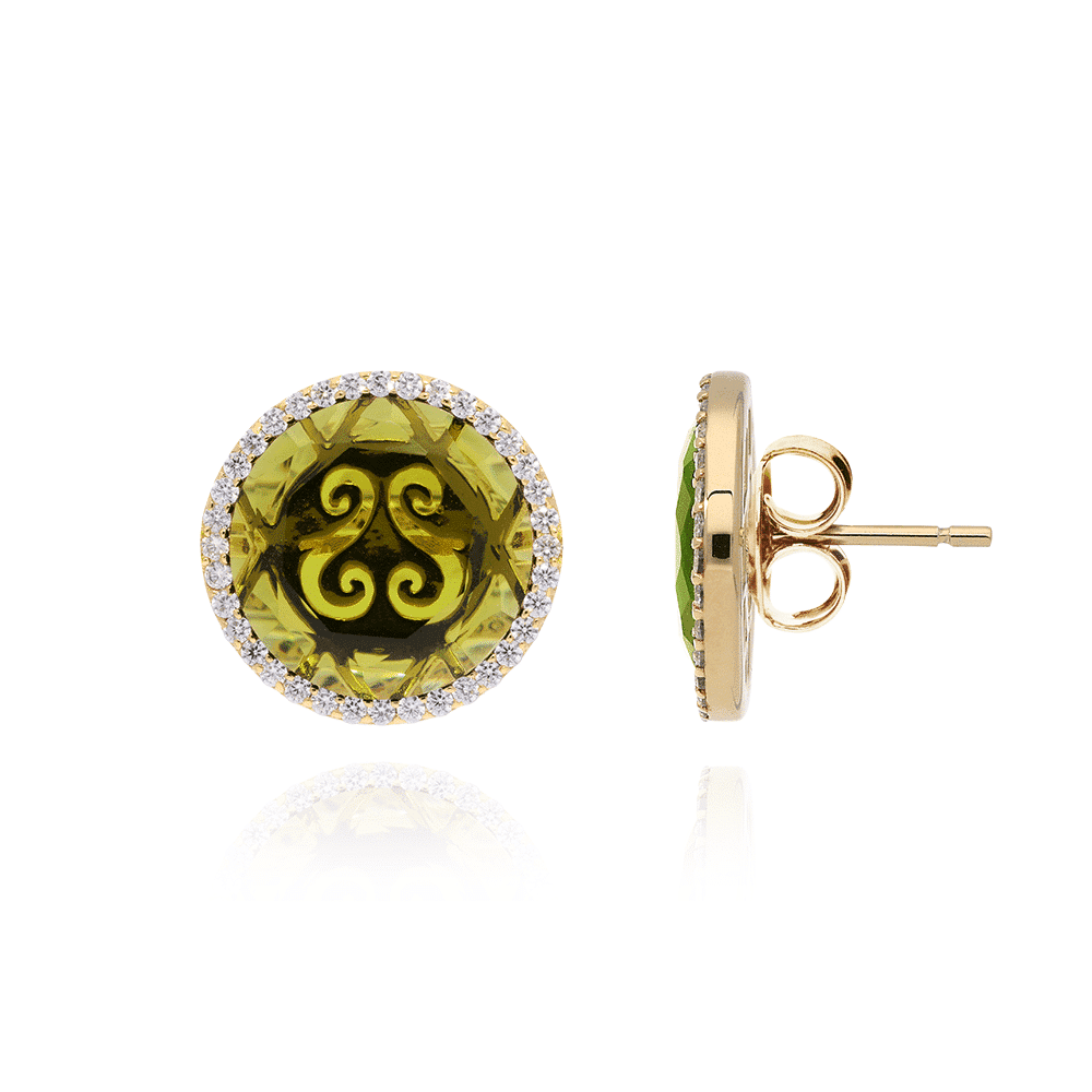 Boucles d'oreilles argent doré disque pierre kaki