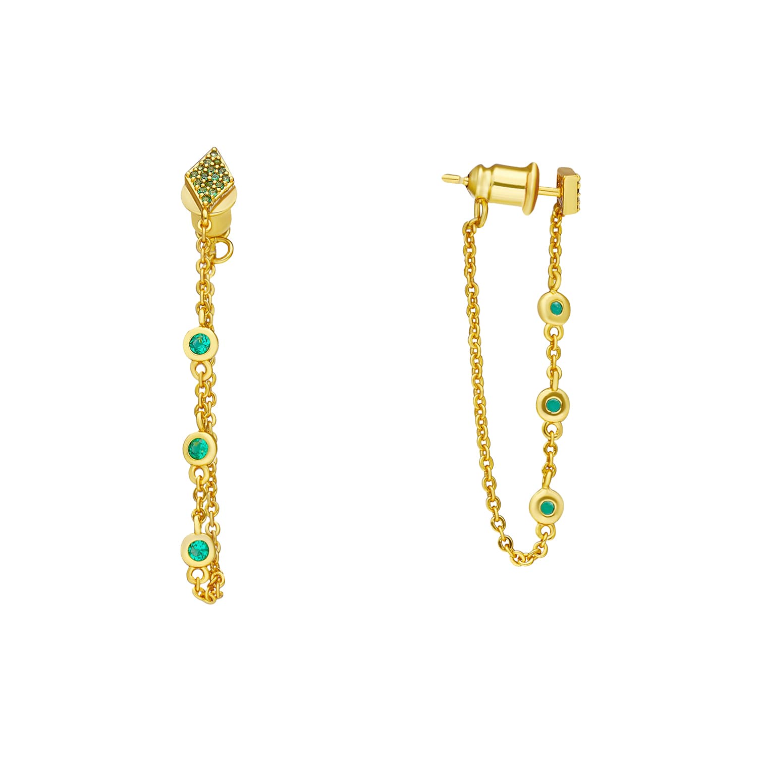 Boucles d'oreilles dorées chaines et pierres verte
