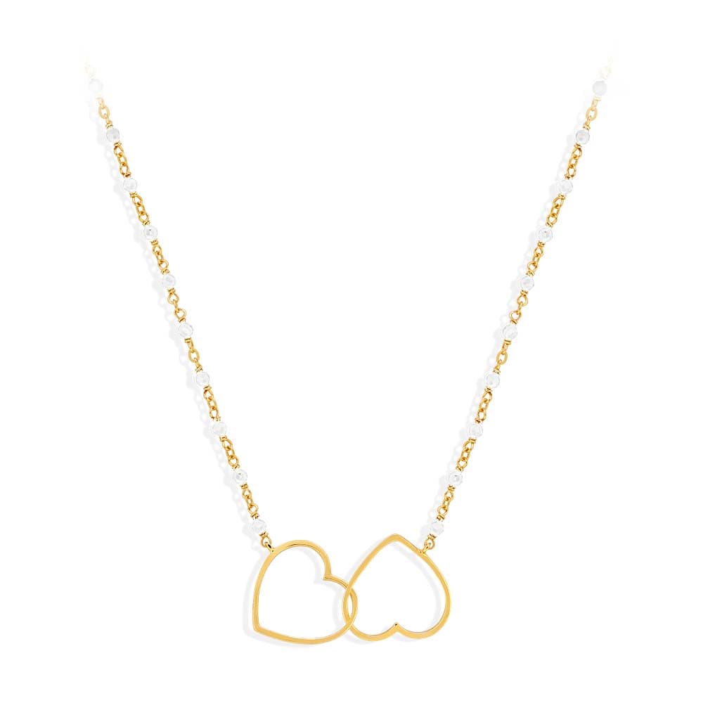 Collier argent doré double cœur et pierre blanche