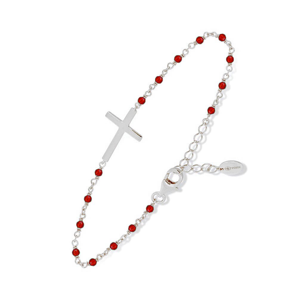 Bracelet argent rhodié croix et pierre onyx rouge