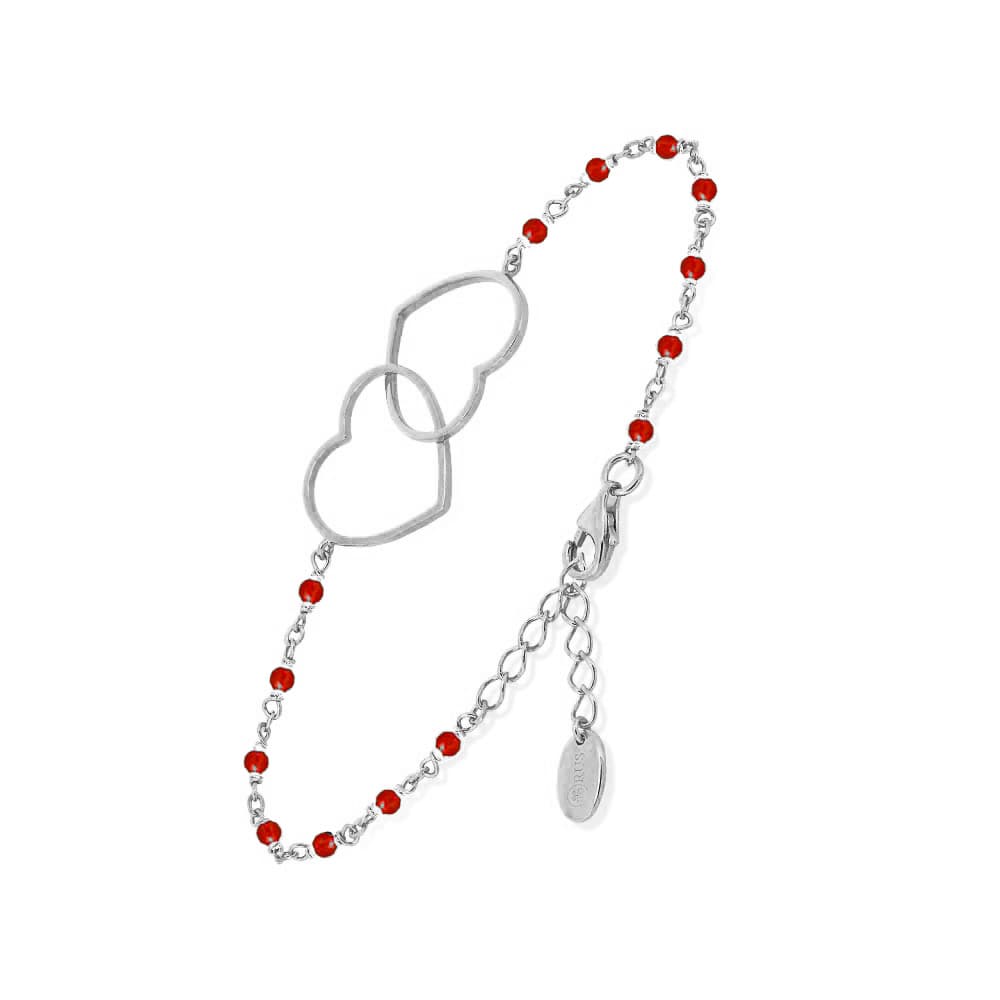 Bracelet argent rhodié cœur et pierre onyx rouge