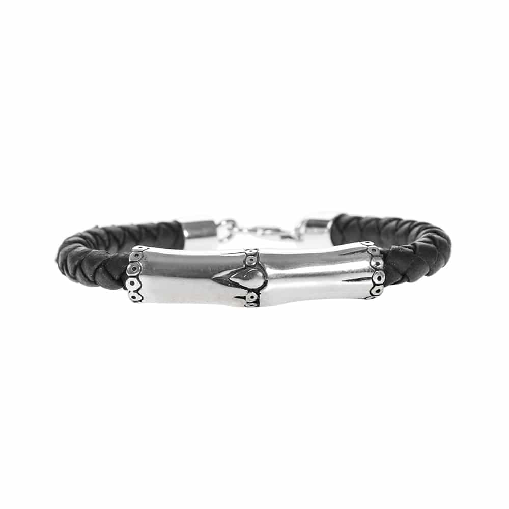 Bracelet homme motif argent bambou et cuir noir tressé