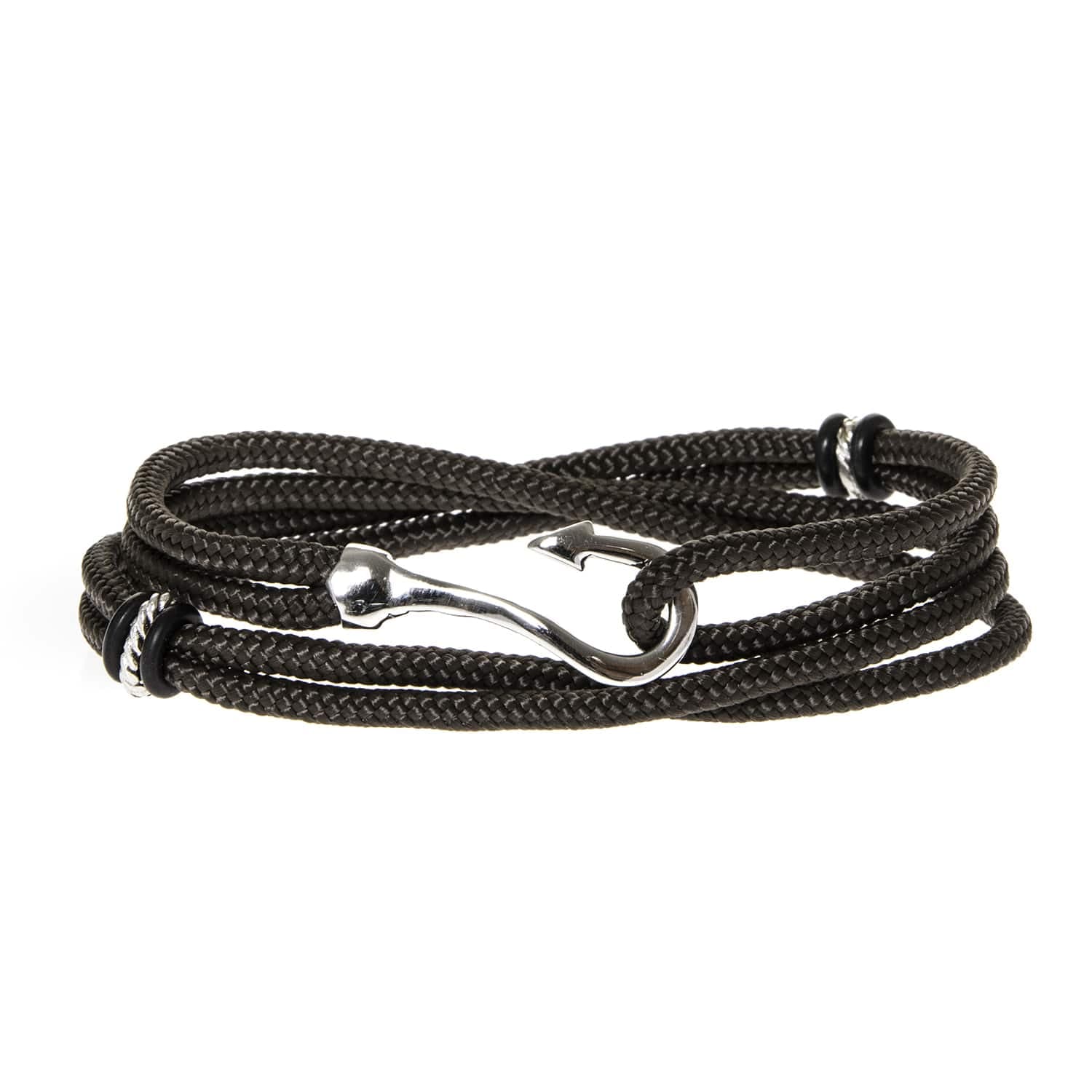 Bracelet cordon chocolat double tour hameçon en argent