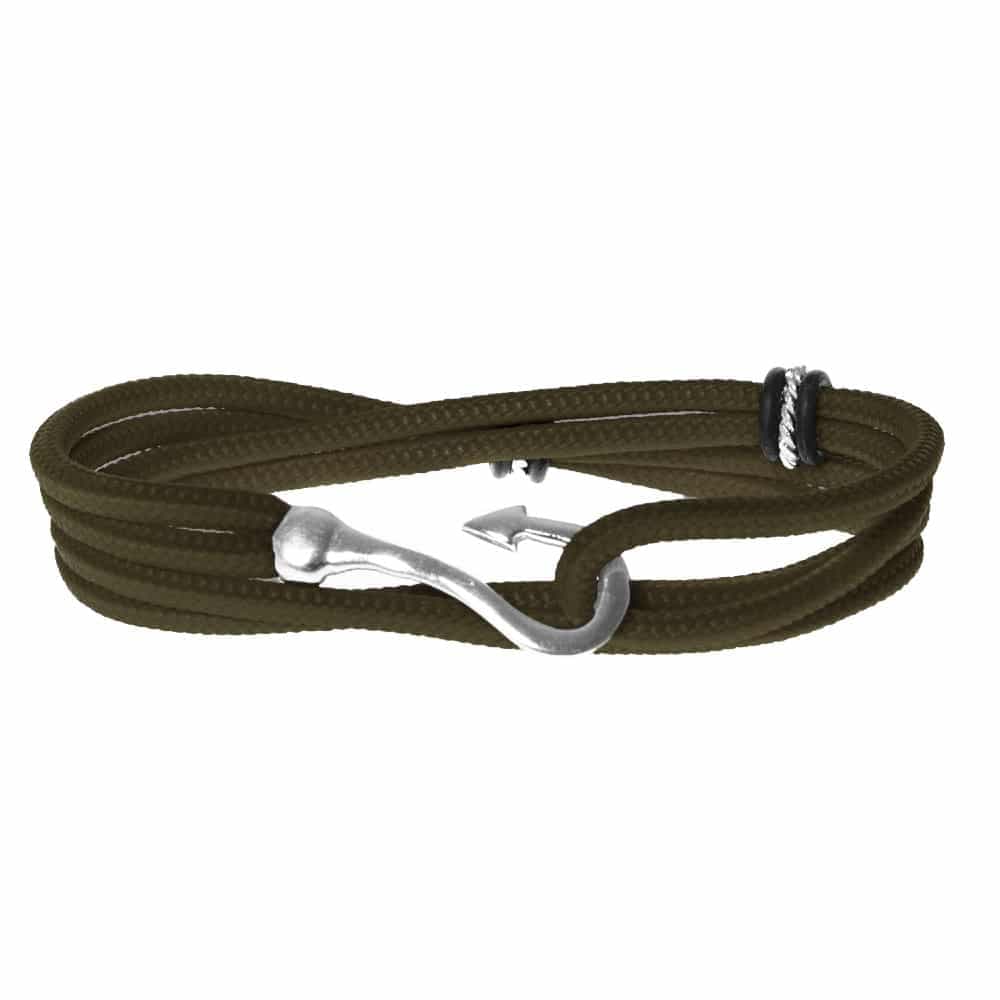 Bracelet cordon kaki double tour hameçon en argent