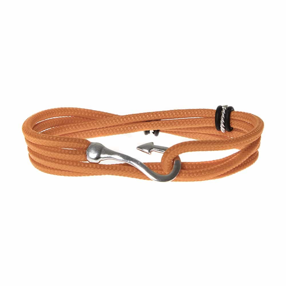 Bracelet cordon orange double tour hameçon en argent