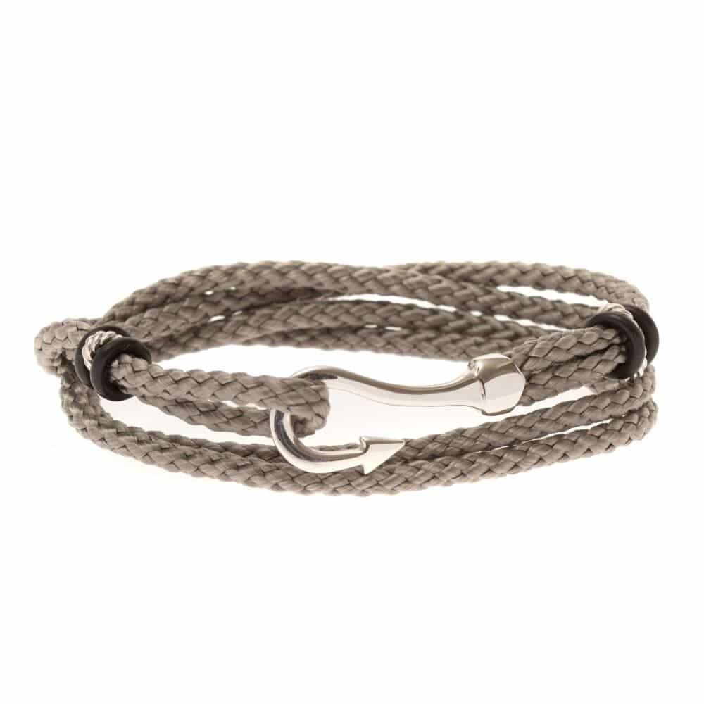 Bracelet cordon gris double tour hameçon en argent
