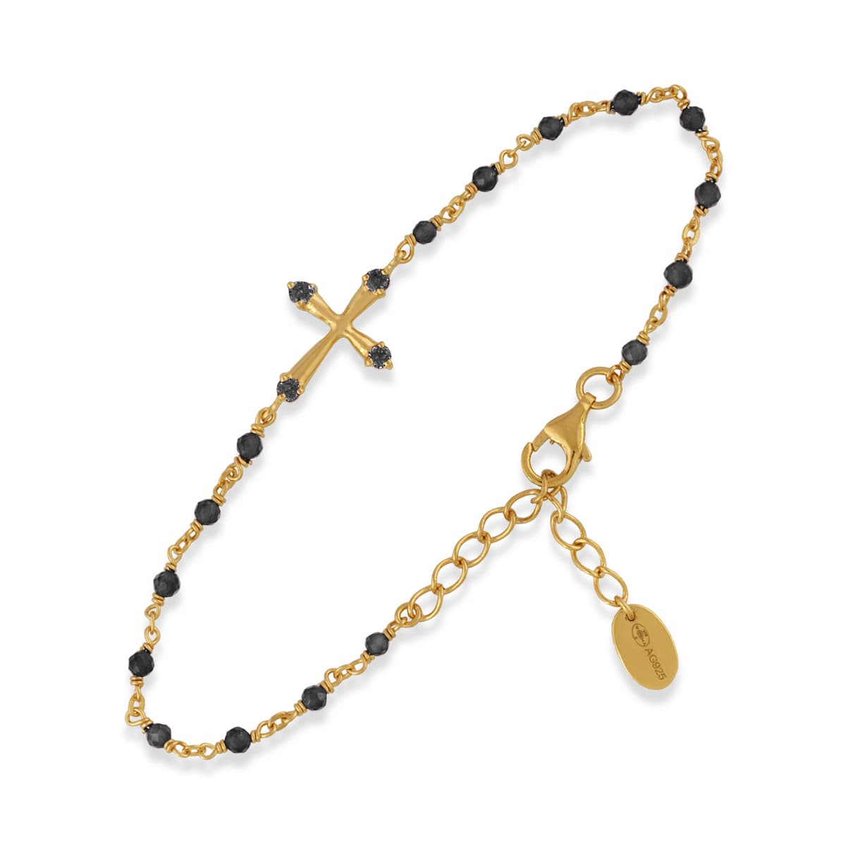 Bracelet en argent doré croix pierres naturelles noires