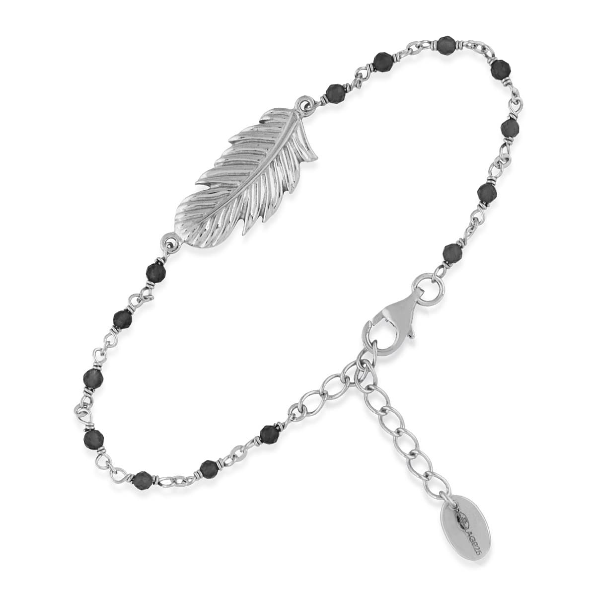 Bracelet en argent rhodié plume pierres noires