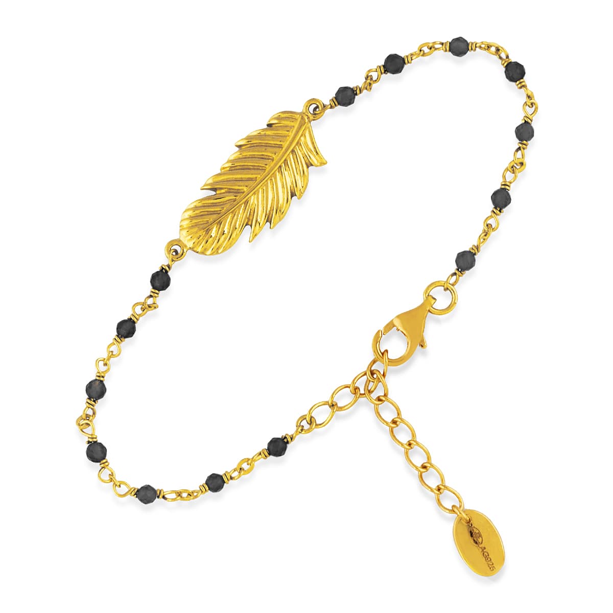 Bracelet en argent doré plume pierres noires