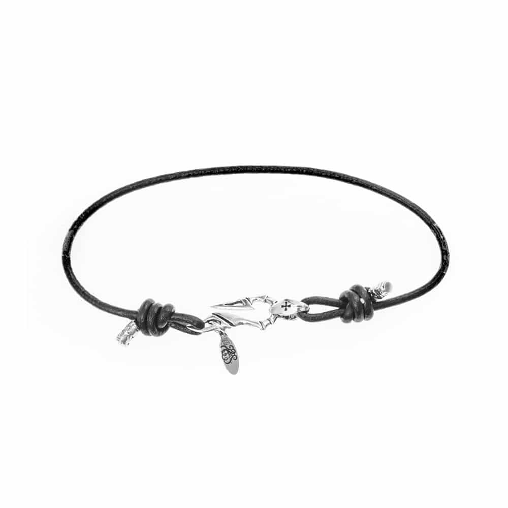 Bracelet homme argent massif cuir et hameçon noir