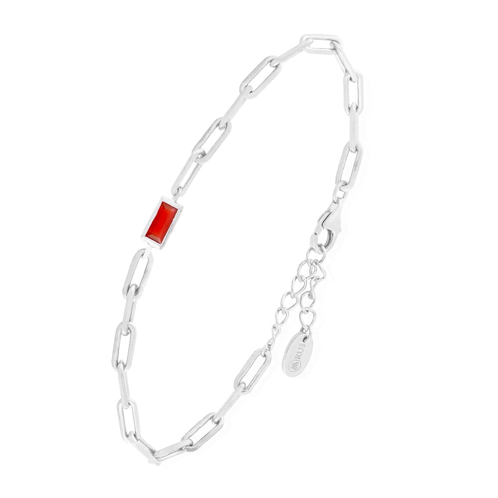 Bracelet rhodié chaine en argent pierre rouge