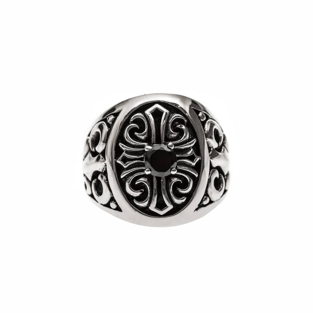 Chevalière homme croix pierre noire argent