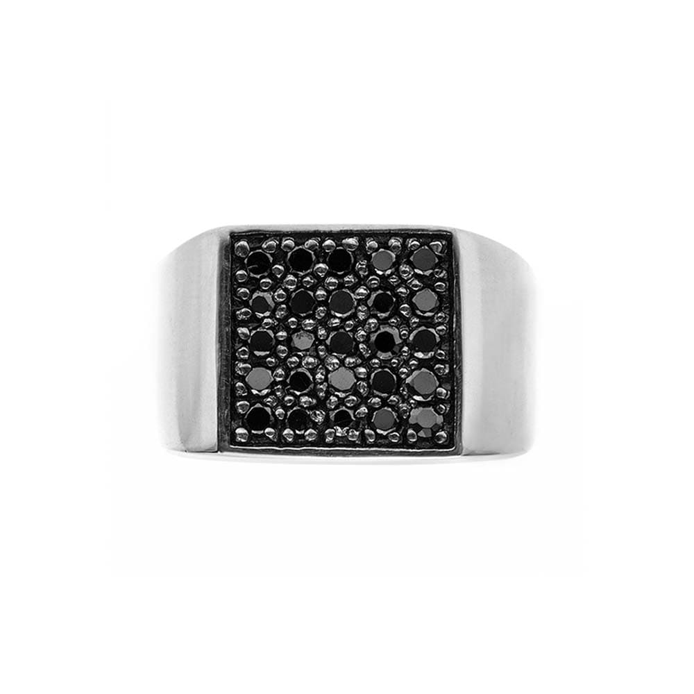 Chevalière homme argent pavée pierre noire