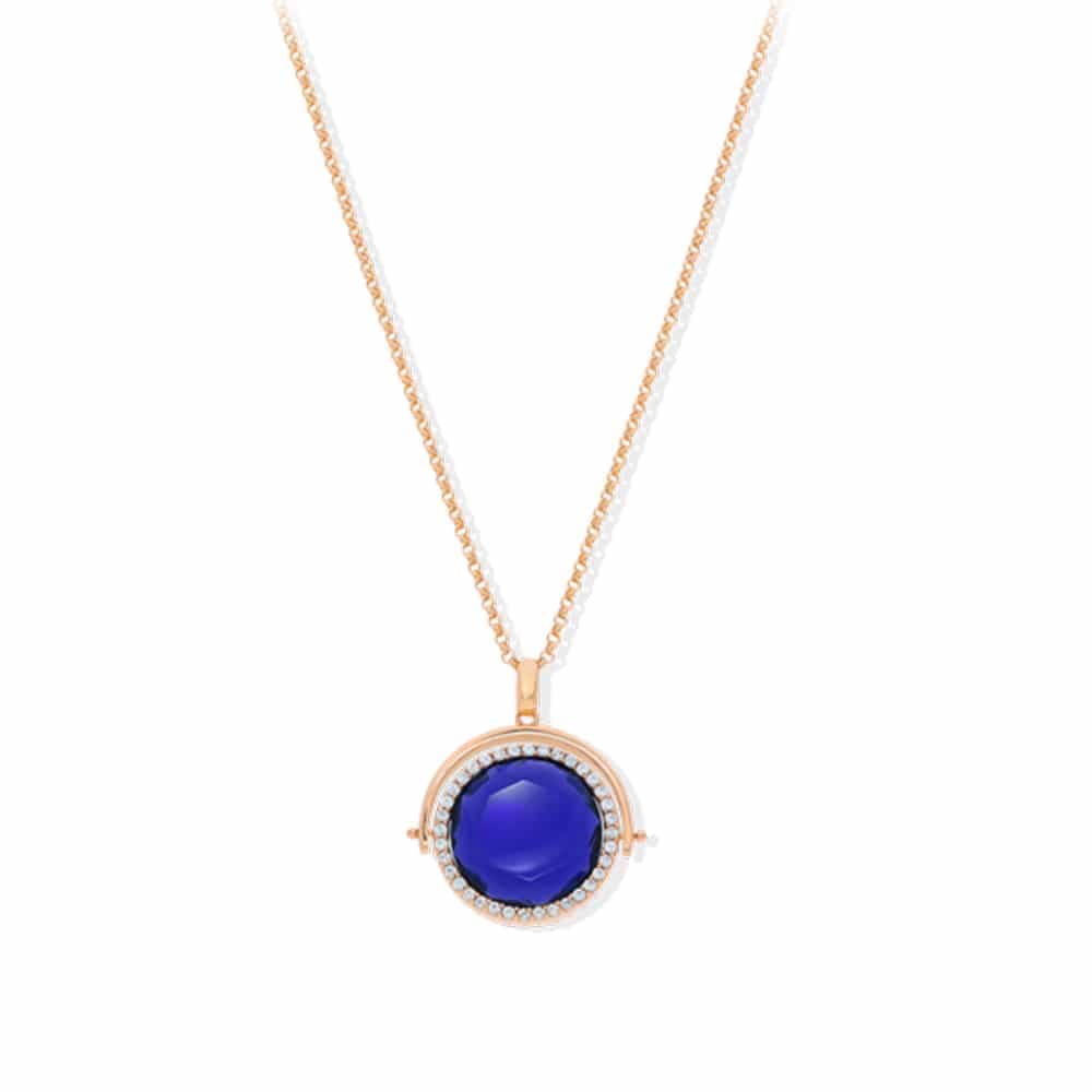 Collier médaillon double face rose cristal marine et prune