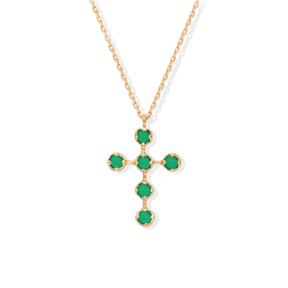 Collier argent doré croix antique pierre onyx vert