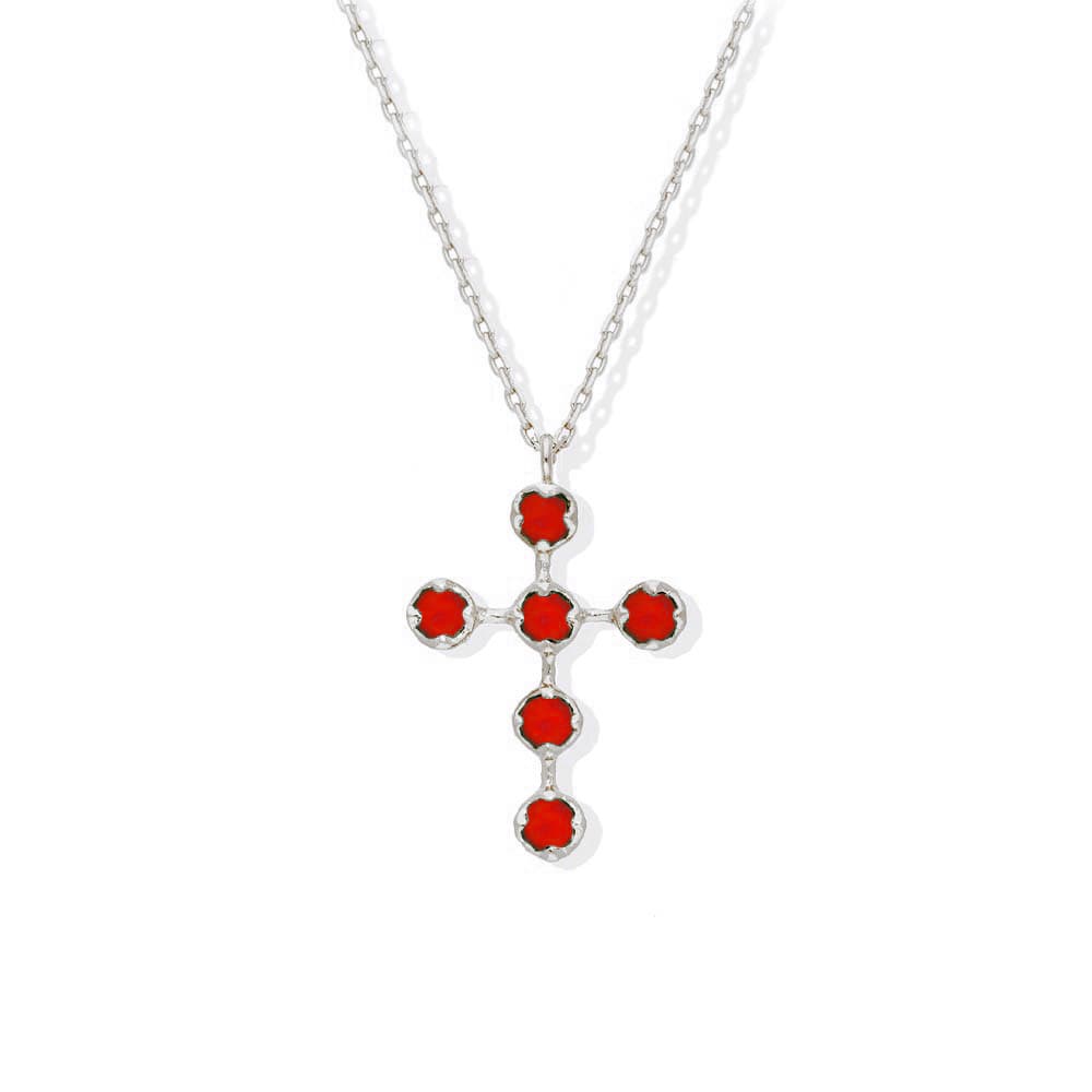Collier argent rhodié croix antique pierre onyx rouge