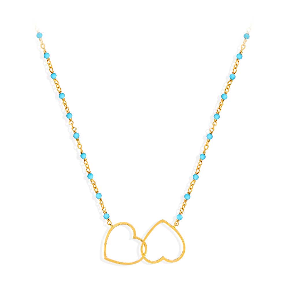 Collier argent doré double cœur et pierre turquoise