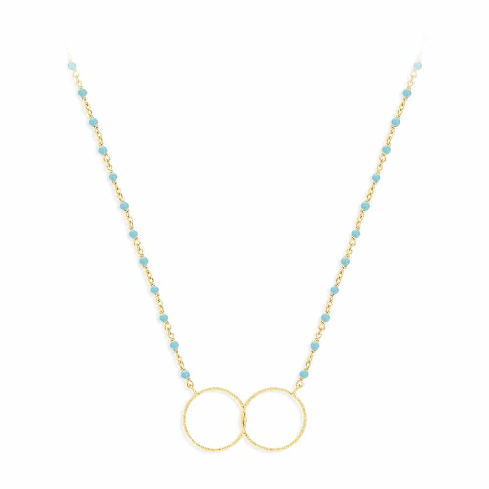 Collier argent doré double rond et pierre turquoise