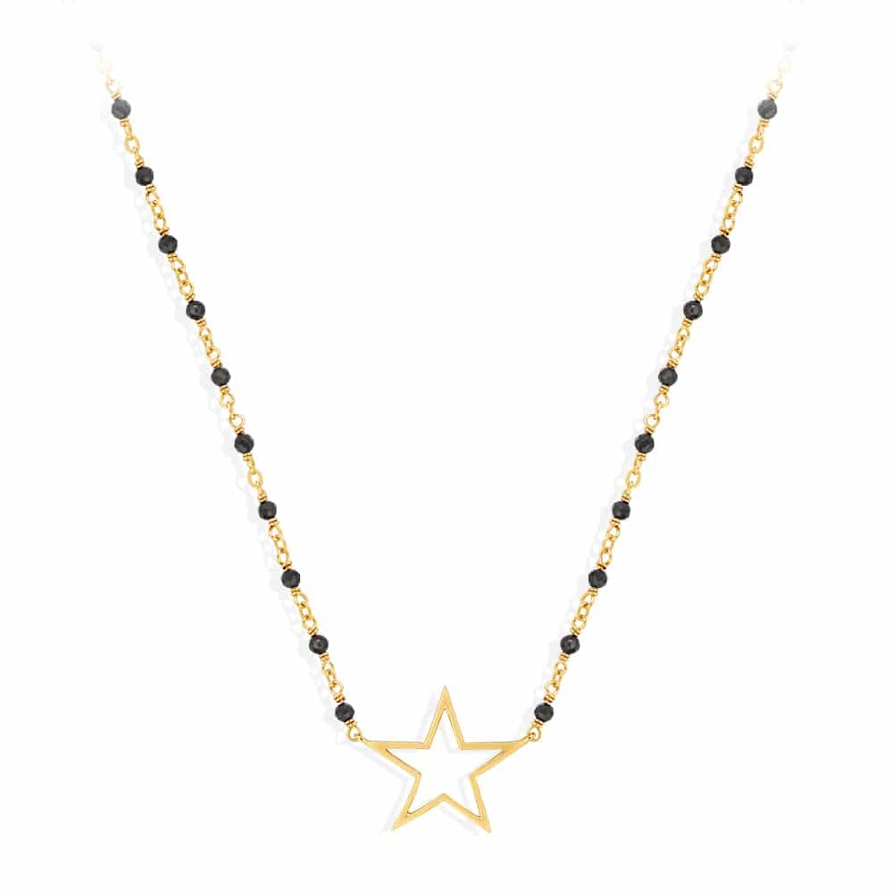 Collier argent doré étoile et pierre spinelle noire